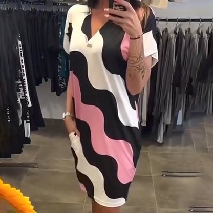⏳Zeitlich begrenzter 52% Rabatt🍧Lässiges Kleid mit V-Ausschnitt und Wellenstreifen-Print