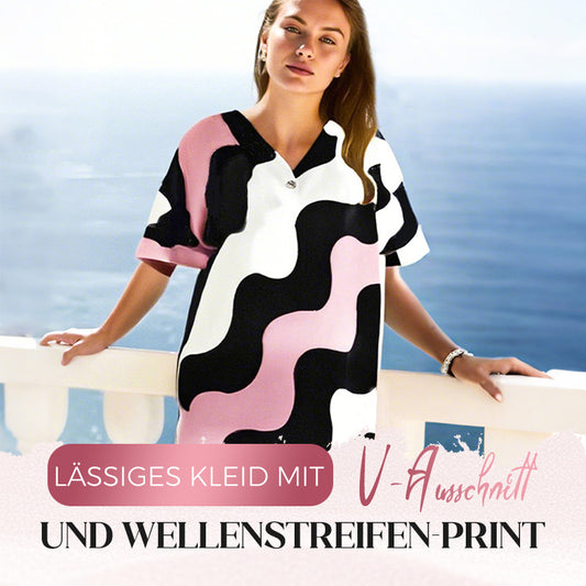 ⏳Zeitlich begrenzter 52% Rabatt🍧Lässiges Kleid mit V-Ausschnitt und Wellenstreifen-Print