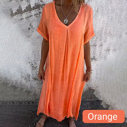 ⏳Begrenzte Zeit 50% Rabatt💥Lässiges Baumwoll-Leinen-Kleid mit V-Ausschnitt für Frauen