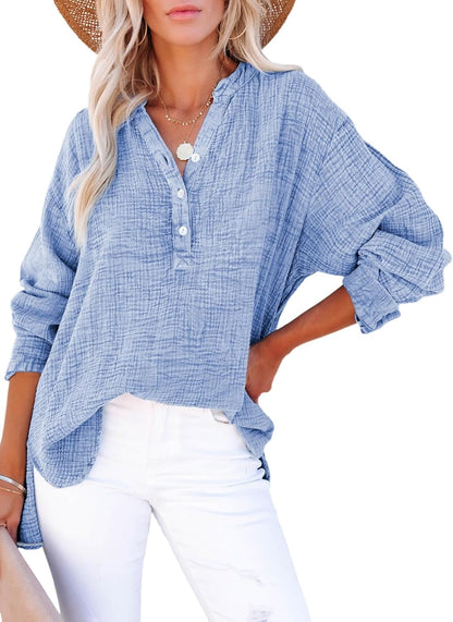 Blusas casuales de gasa para mujer con botones al frente y mangas largas en tallas grandes