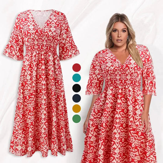 Bedrucktes Kleid mit V-Ausschnitt und weiten Ärmeln👗🔥