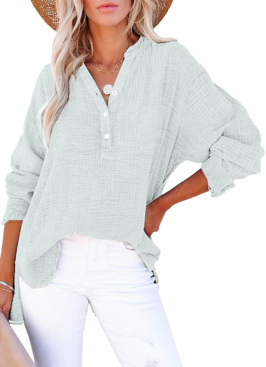 Blusas casuales de gasa para mujer con botones al frente y mangas largas en tallas grandes