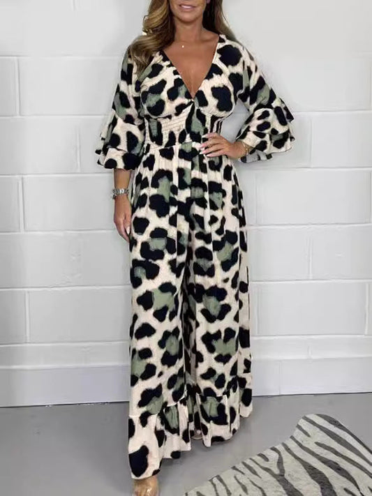 🔥🍃Jumpsuit mit V-Ausschnitt und Leopardenmuster
