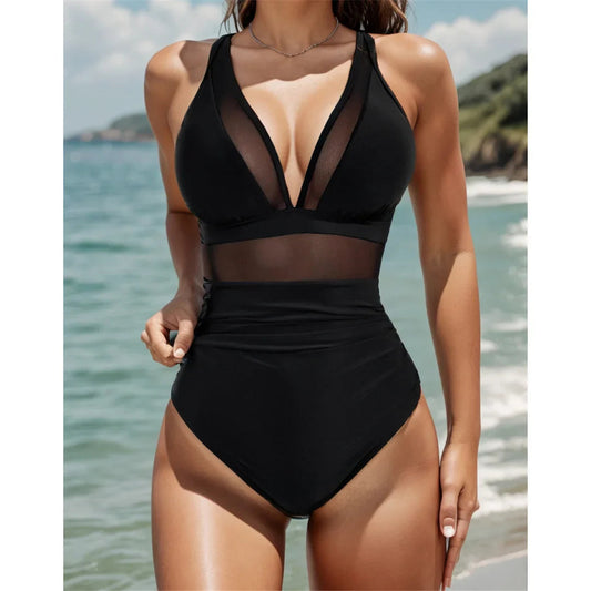 🏝️Badeanzug mit Bauchkontrolle und Netzdetails👙