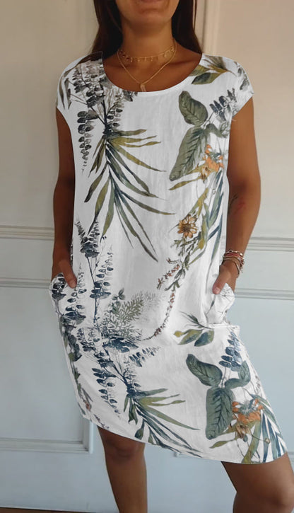 🌷56% RABATT❤️‍🔥Bedrucktes Kleid mit Rundhalsausschnitt aus Baumwolle und Leinen für Frauen