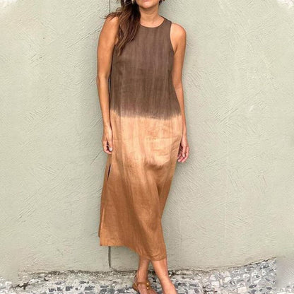 🔥Vestido largo sin mangas de algodón y lino 🌈 con abertura y degradado de color
