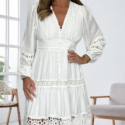 Vestido blanco vintage de encaje calado con escote en V para mujer (¡Oferta especial del 49%!)