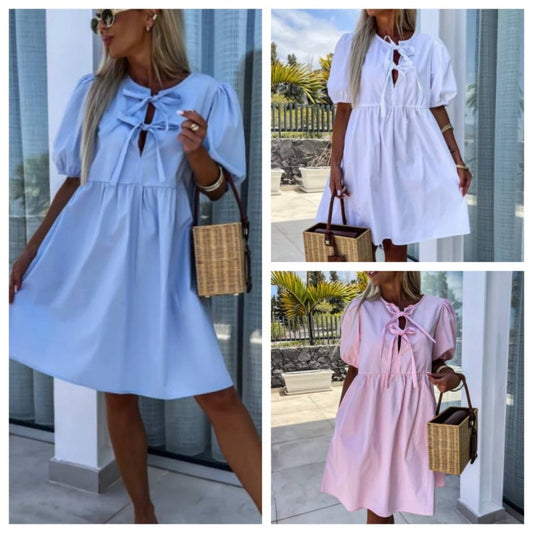 🍧Trendiges einfarbiges Damenkleid mit Fliege vorne und Puffärmeln