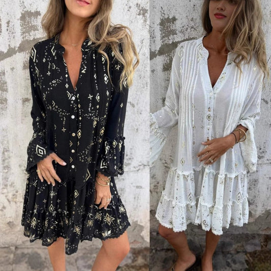 🔥Muttertag 50% OFF🔥Damenkleid mit V-Ausschnitt und Print