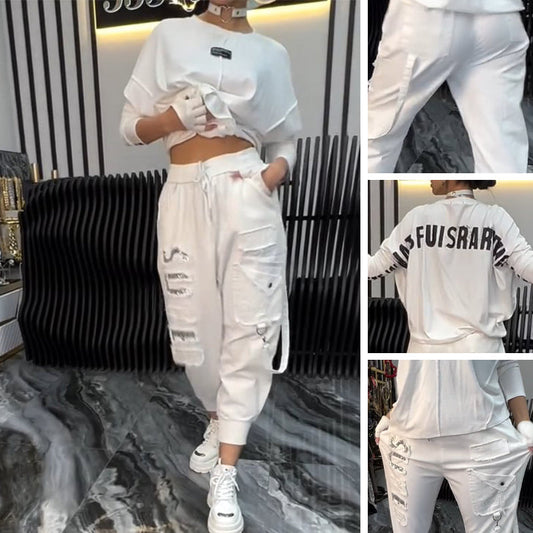 ✨Lässiges Damen-Oberteil mit Buchstabendruck und Hose (2-teiliges Set)