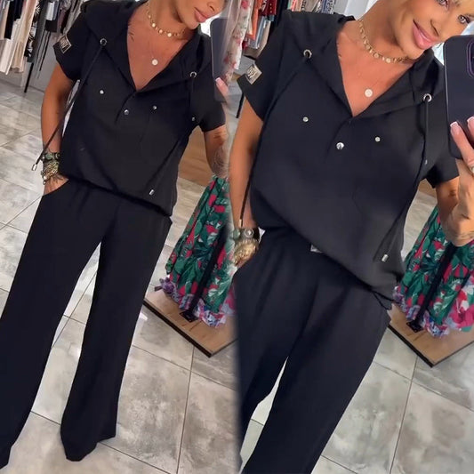 💃🌸Zweiteiliges Set aus Oberteilen und Hosen mit Kapuze und V-Ausschnitt, kurzen Ärmeln