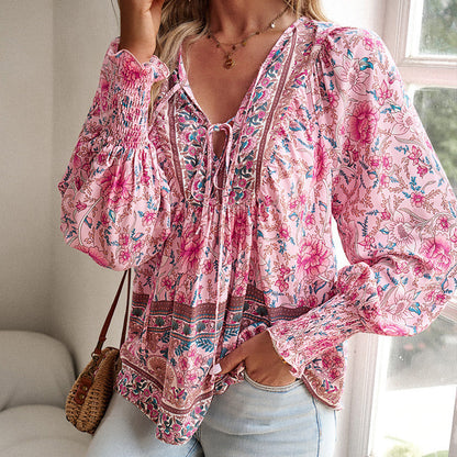 🌷🍃Damenmode bedrucktes Langarmshirt mit V-Ausschnitt