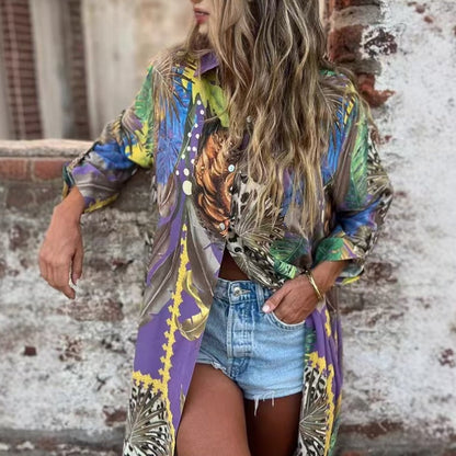🔥Printed Long Sleeve Lapel Open-Front Dress🔥