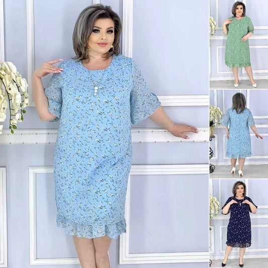 Women's Floral Loose Short Sleeve Wavy Trim Dresses
