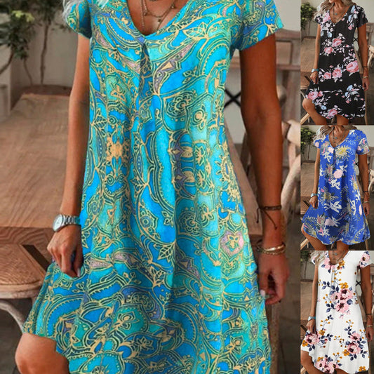 Women’s Elegant Floral Print V-Neck Long Dress