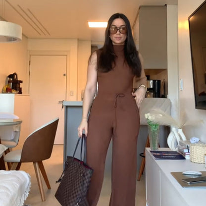 Conjunto de 2 piezas de top sin mangas de color liso y pantalón ajustable con cordón