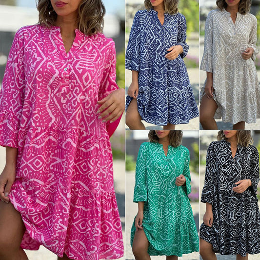 50% Rabatt💃Lässiges, lockeres, fließendes Kleid mit V-Ausschnitt und Muster