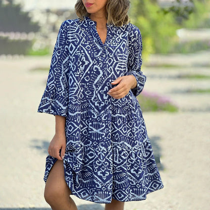 50% Rabatt💃Lässiges, lockeres, fließendes Kleid mit V-Ausschnitt und Muster