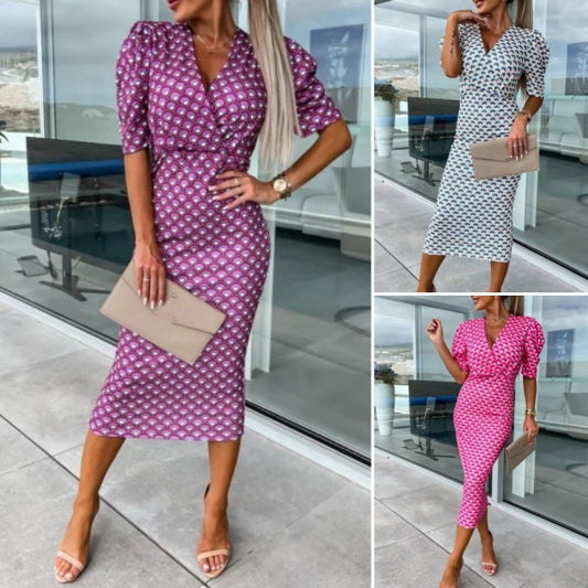 💕🌸Womenswear Bedrucktes Bubble Sleeve V-Ausschnitt Kurzärmeliges Kleid mit V-Ausschnitt Taille