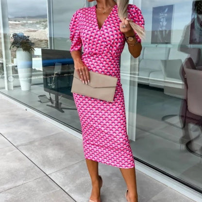 💕🌸Womenswear Bedrucktes Bubble Sleeve V-Ausschnitt Kurzärmeliges Kleid mit V-Ausschnitt Taille