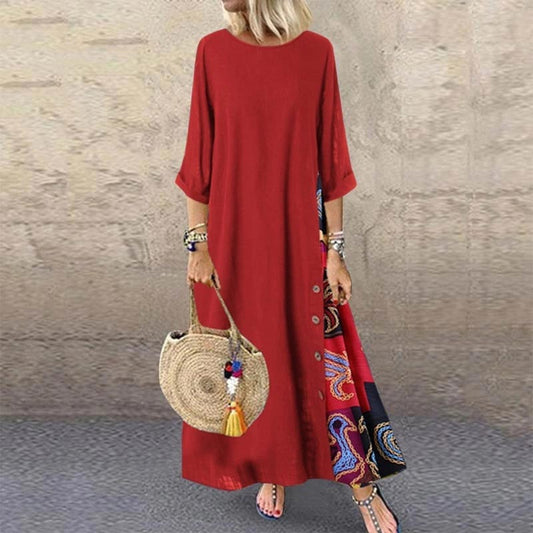 🔥🌸Langes Vintage-Kleid mit Blumendruck und Rundhalsausschnitt für Frauen🌸🩷