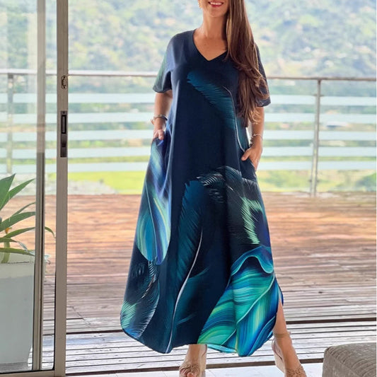 Vestidos casuales holgados con cuello en V y manga corta para mujer