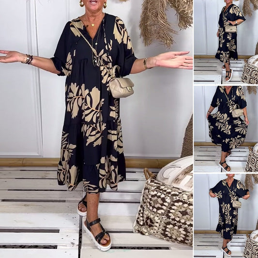Damen lockeres Kleid mit Druck und V-Ausschnitt
