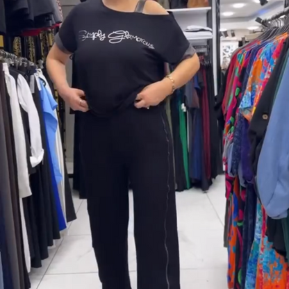 Damen lockeres Set: Off-Shoulder Oberteil und Weitbeinhose