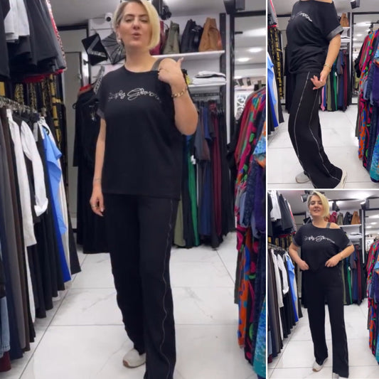 Damen lockeres Set: Off-Shoulder Oberteil und Weitbeinhose