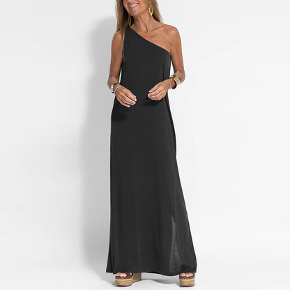 Elegant One-Shoulder Slit Ankle-Length Dress