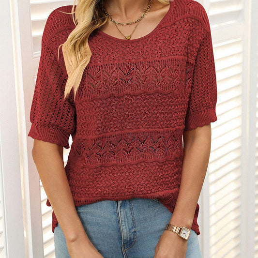 Damen Rundhalsausschnitt hohl gestrickt häkeln Kurzarm Pullover