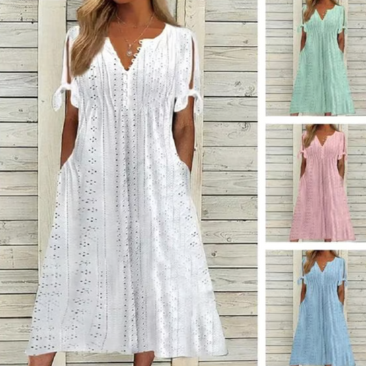 💥👗Women's Elegant V-Neck Hollow-Out Solid Dress