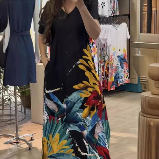Elegant V-Neck Floral Dress with Pockets