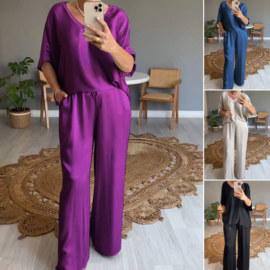 Conjunto de top y pantalón de satén suelto para mujer