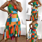 Women’s Colorful Geometric Print Tie Waist Ruffle Hem Dress