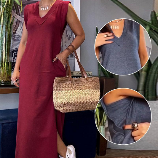 Vestido largo sin mangas con escote en V y abertura para mujer