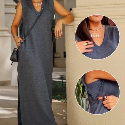 Vestido largo sin mangas con escote en V y abertura para mujer