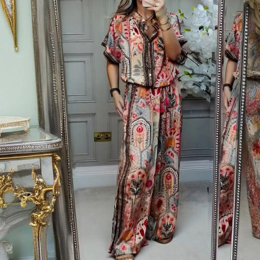 🎉💃Damen-Zweiteiler aus atmungsaktivem Stretchstoff | Knopfleisten-Crop-Top + High-Waist-Weithose | Elegantes Print-Design für Büro & Freizeit | Größen S-5XL