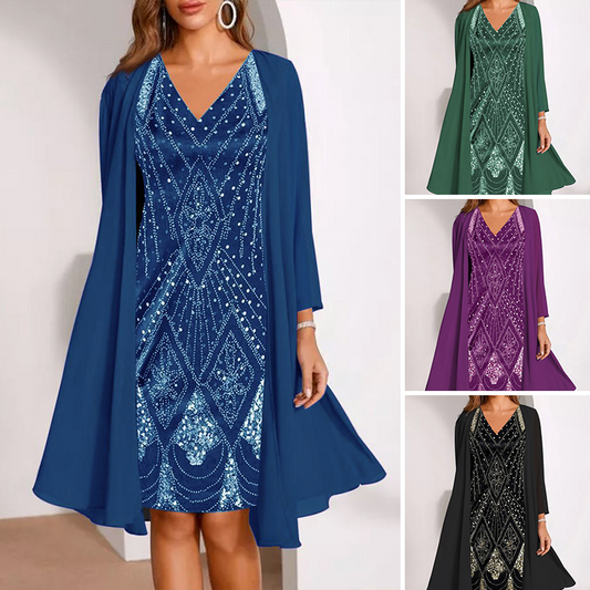 Damen-Set: Kleid mit V-Ausschnitt & transparenter langer Jacke