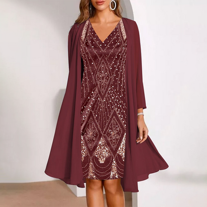 Damen-Set: Kleid mit V-Ausschnitt & transparenter langer Jacke